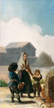  children Oil Painting - A woman and two children by a fountain Francisco de Goya